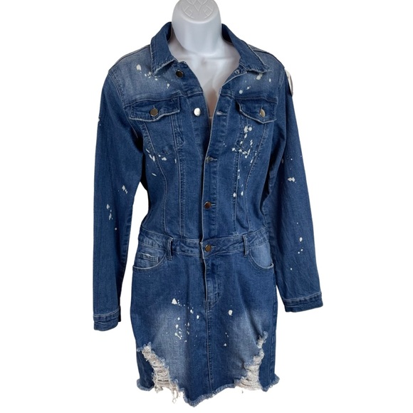 Fashion Nova Distressed Stretch Denim Button Front Dress L Blue Pockets - Picture 2 of 13